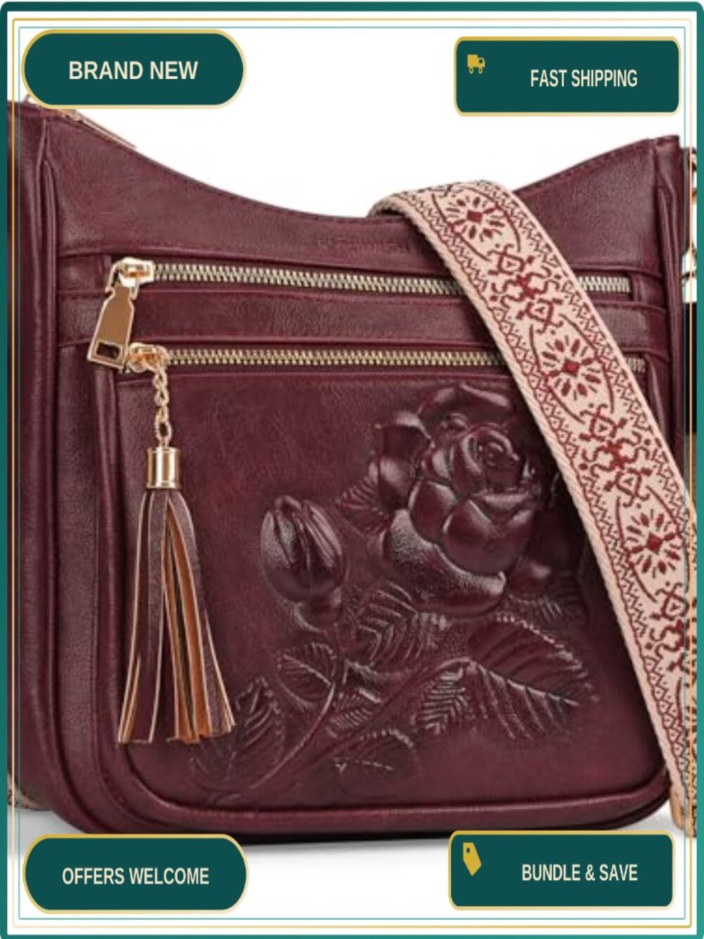 Vegan Leather Crossbody Bag Embossed Rose Floral Purse Boho Strap